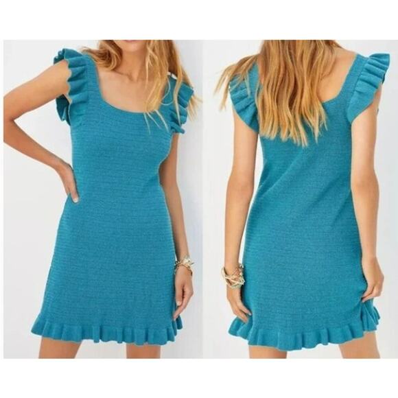 Anthropologie Dresses & Skirts - Anthropologie Ruffled Pointelle Knit Mini Dress Square Neck Blue Medium